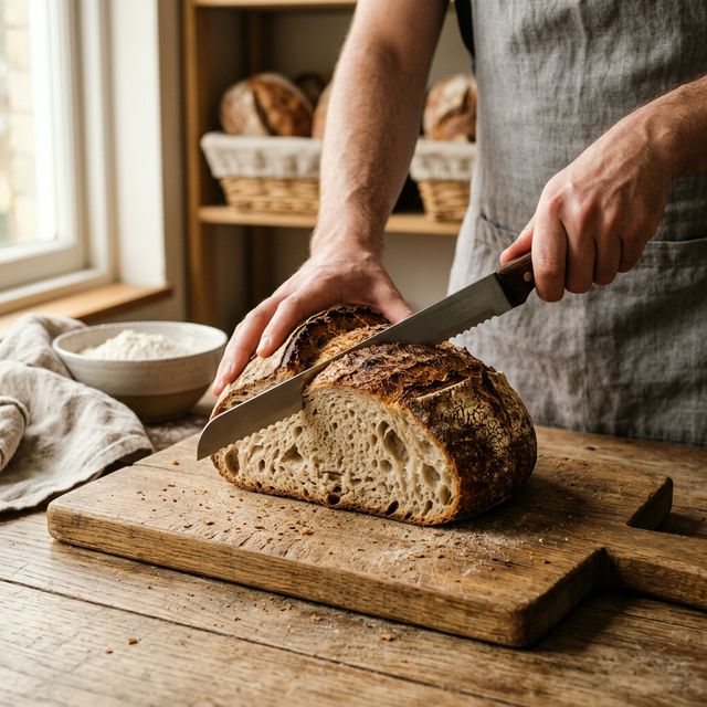 Pão rústico sendo fatiado